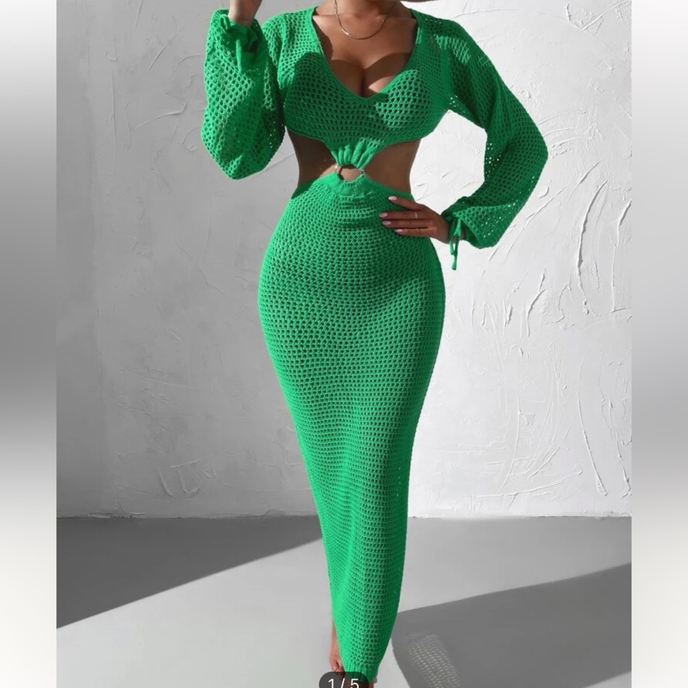 SHEIN Green Knitted Cut Out Swim Cover Up Beach Dress Size Small 4
